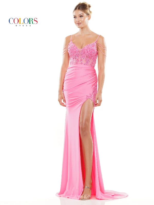 Beach dresses for casual outingsColors 3302 Long Beaded Corset Bodice Front Slit Prom Dress