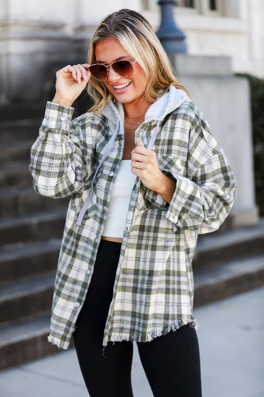 women's hooded bomber jackets for streetwear styleWintery Behavior Olive Plaid Hooded Shacket