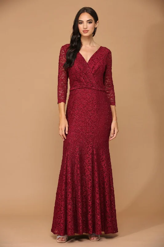 Round-neck dresses for womenBurgundy L Long 3/4 Sleeve Mother of the Bride Lace Dress Sale