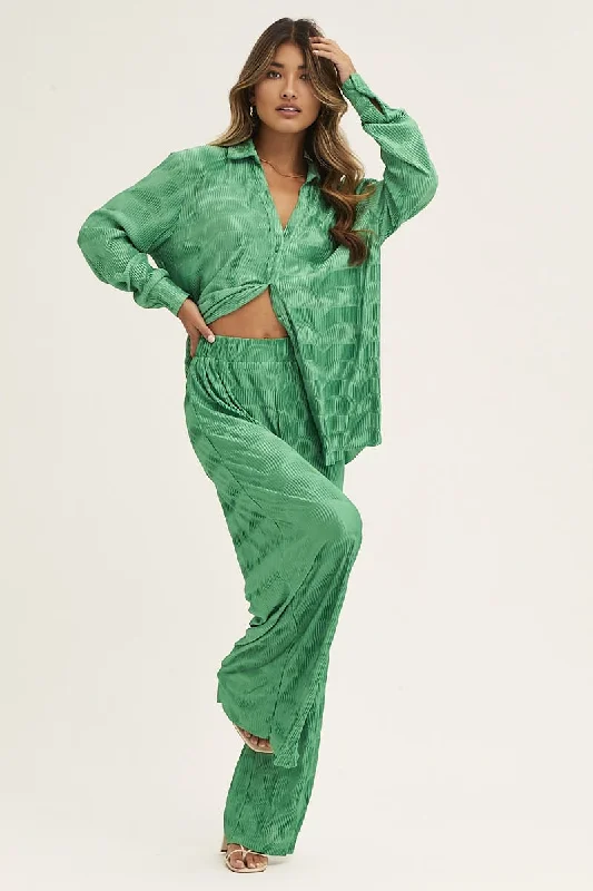 women's suit sets with glossy finishesGreen Plisse Pants Wide Leg High Rise