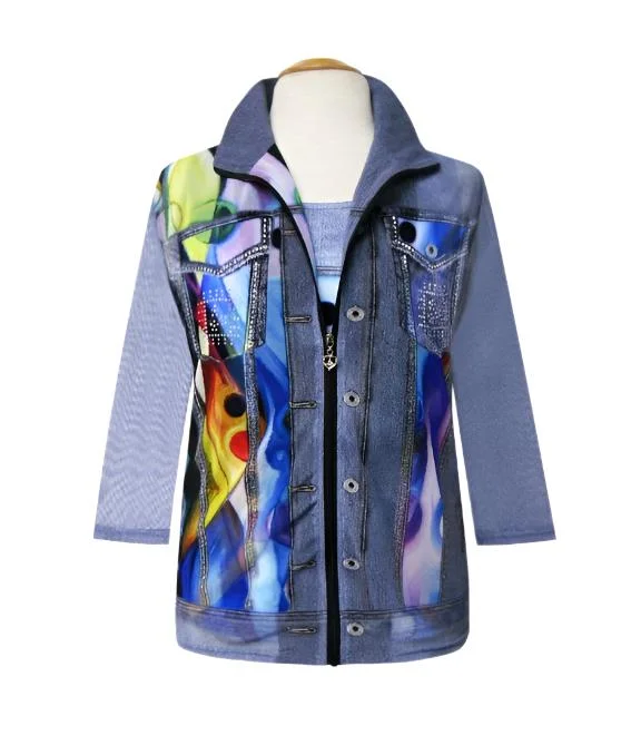 women's bomber jackets with contrast zippersValentina Denim-Print Mesh Twin Set In Multi - 31082