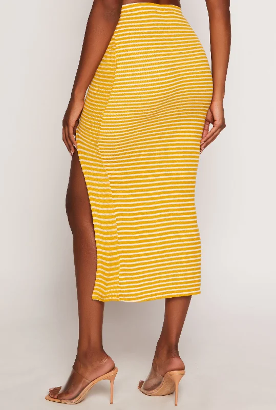 women's suit sets with notched collarsRibbed Knit Striped Side Slit Midi Skirt