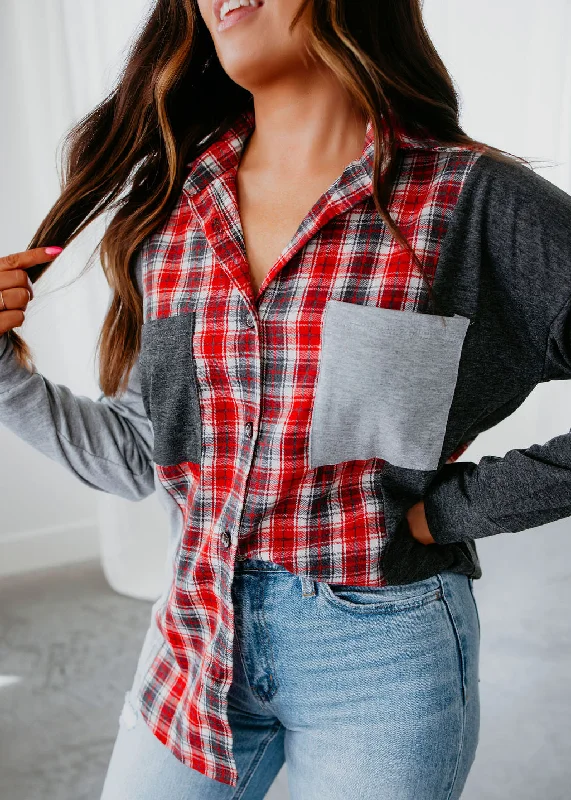 Burgundy women's topsLeya Plaid Button Up Top