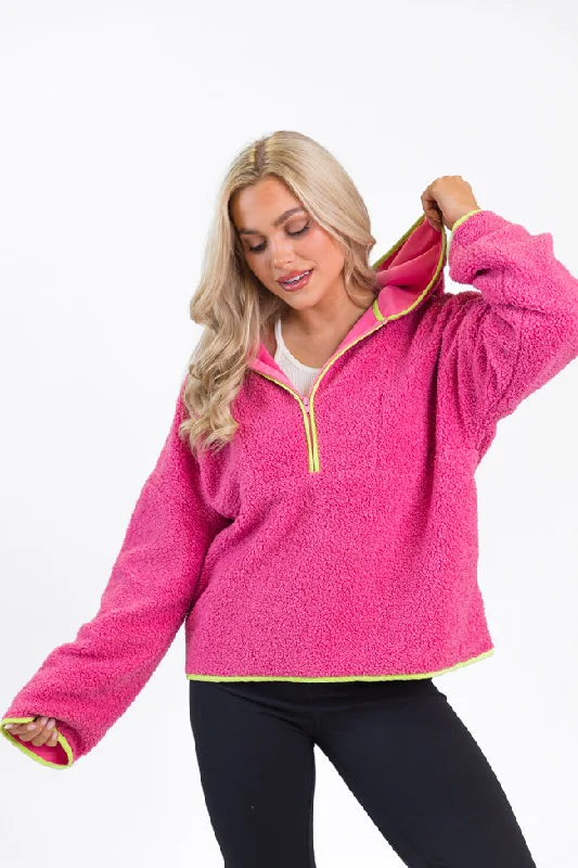 women's hooded tops with a sheer mesh insert on the sleevesMy Go To Pink and Green Sherpa Quarter Zip Hooded Pullover FINAL SALE