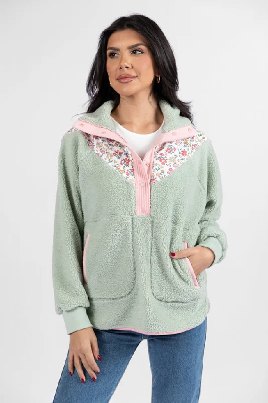 women's hooded jumpers with beaded detailingGood Feelings Sage Floral Multi Colorblock Sherpa Pullover FINAL SALE