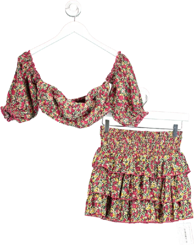 trendy women's outfit combinationsRed Cropped Cold Shoulder Top And Ruffle Skirt In Floral Print UK XS/S