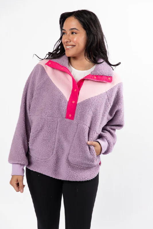 women's hooded tops with a ribbed knit constructionGood Feelings Purple Multi Colorblock Sherpa Pullover