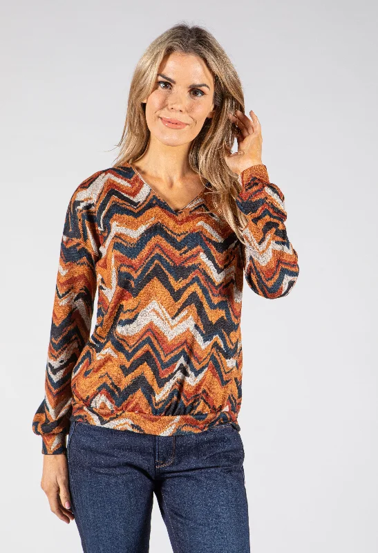 Eco-friendly women's sweaterFine Knit Zigzag Print Pullover