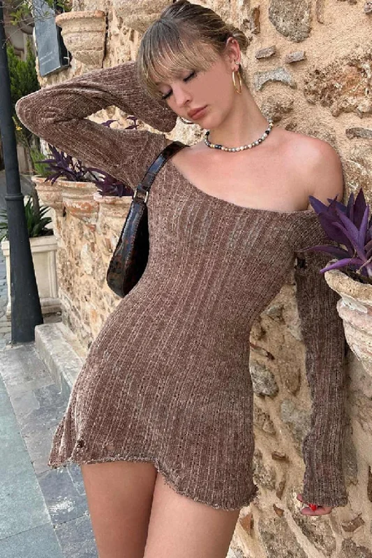 Godet dresses for womenTastyHottie - Brown Off Shoulder Mini Dress