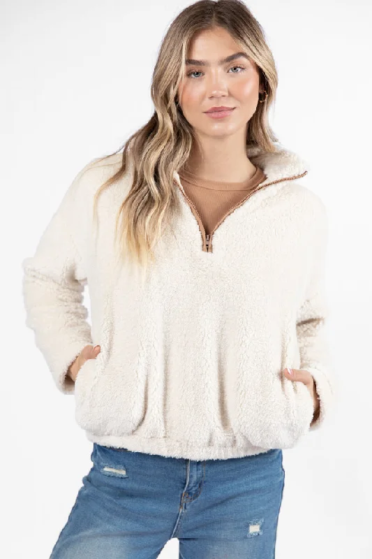 women's hooded jumpers with a waffle knit hoodStay Here Beige Contrast Trim Sherpa Pullover FINAL SALE