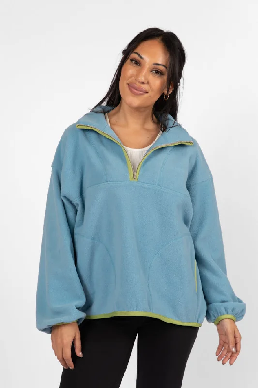 women's hooded tops with lace overlaysOutside The Box Blue Contrast Trim Fleece Pullover