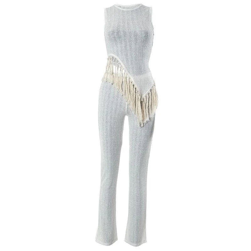 Tall women's jeansBerryBetty - Irregular sleeveless textured crewneck tassels solid pant set