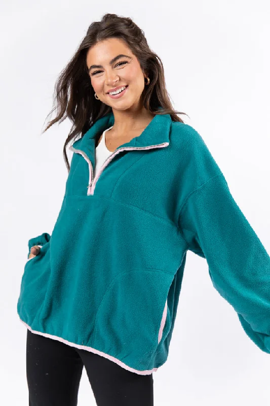 women's hooded jumpers with thumbholes in the sleevesOutside The Box Jade and Pink Contrast Trim Fleece Pullover FINAL SALE