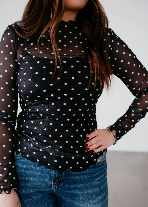 V-neck women's topsLen Polka Dot Mesh Long Sleeve Top