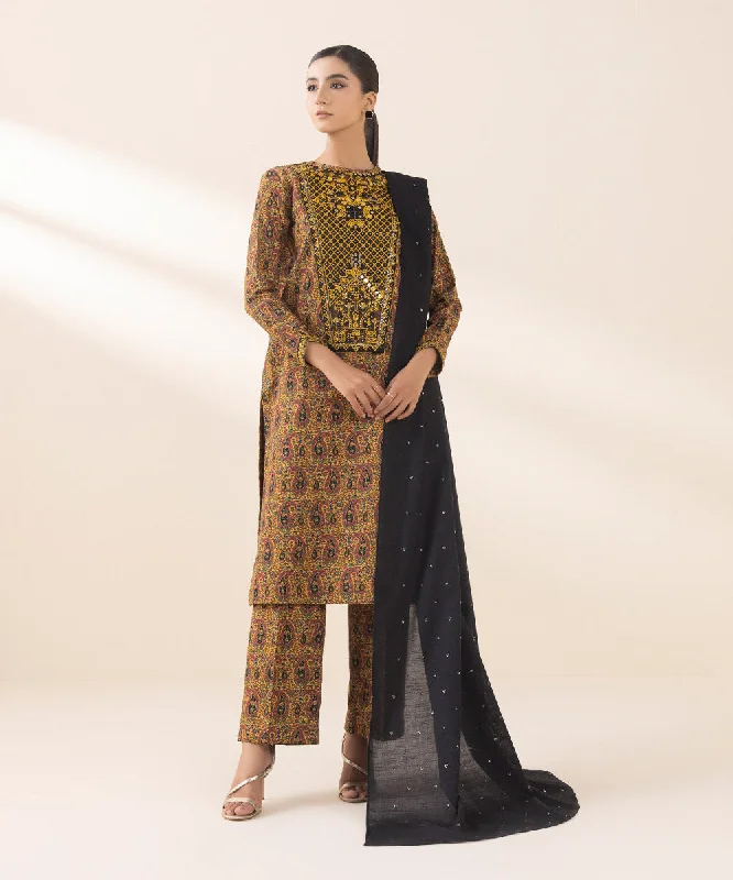 women's suit sets with tailored pants3 Piece - Embroidered Light Khaddar Suit