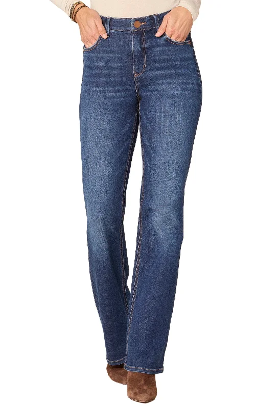 Jeans with a faux leather patch at the back pocket"Ab"solution High Rise Rhinestone Cascading D Itty Bitty Boot Jeans