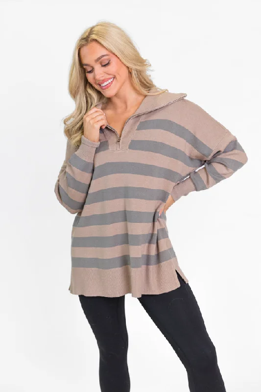 women's hooded sweatshirts with ribbed waistbandsPulling Heartstrings Taupe Striped Quarter Zip Pullover