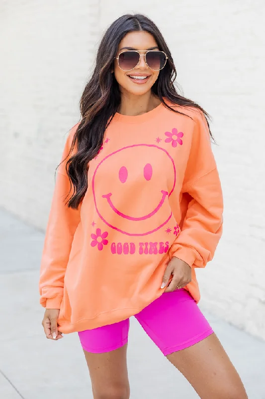 women's hooded sweaters with patterned designsGood Times Smiley Coral Oversized Graphic Sweatshirt FINAL SALE