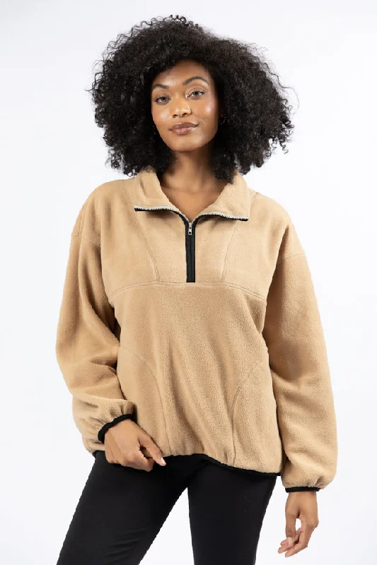 women's hooded sweatshirts with reflective strips for night visibilityOutside The Box Beige Contrast Trim Fleece Pullover