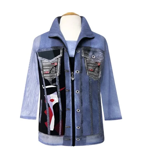 women's trench coats with double-breasted closuresValentina Denim-Print Mesh Twin Set In Multi - 30541