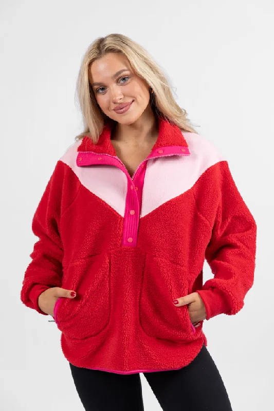 women's hooded pullovers with appliqué accentsGood Feelings Red Multi Colorblock Sherpa Pullover FINAL SALE