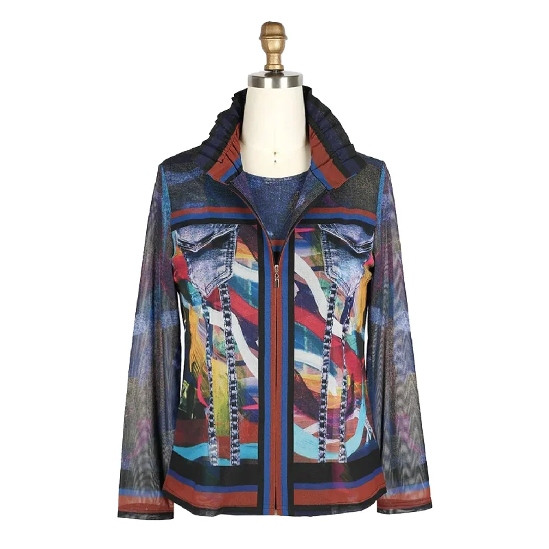 women's trench coats with adjustable cuffsDamee Colorful Paintstrokes & Denim-Print Mesh Twin Set - 31430