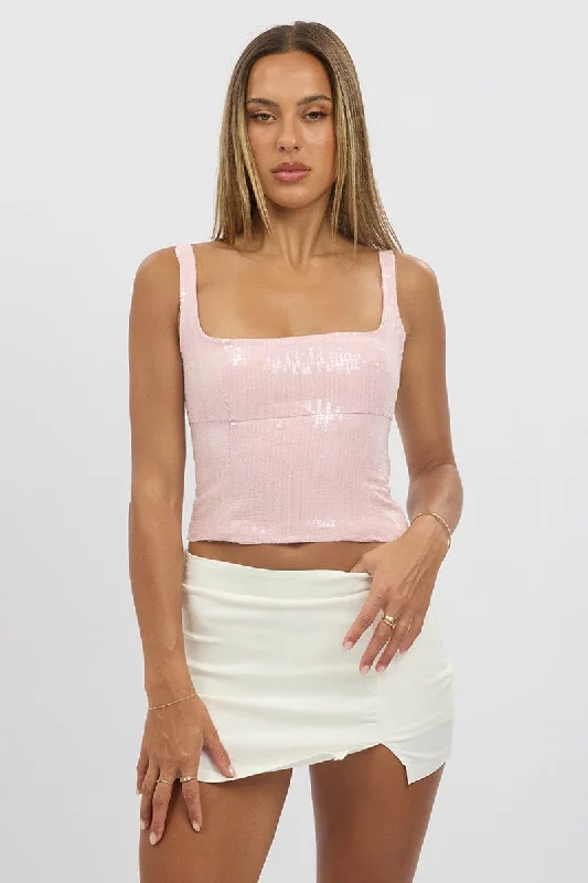 women's suit sets for springPink Sequin Top Sleeveless