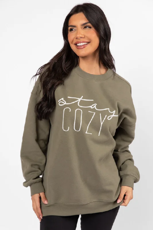 women's hooded pullovers made of spandexStay Cozy Olive Oversized Graphic Sweatshirt FINAL SALE