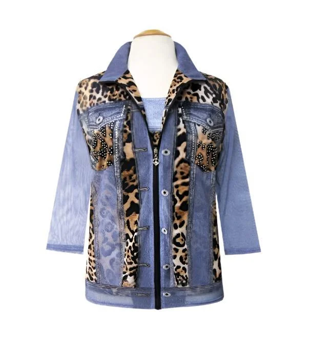 women's peacoats with velvet collars for luxury appealValentina Leopard & Denim-Print Mesh Twin Set - 31548