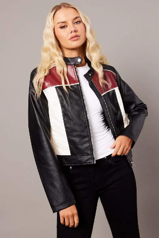 women's three-piece suit setsRed Jacket Colour Block Long Sleeve Zip Faux Leather