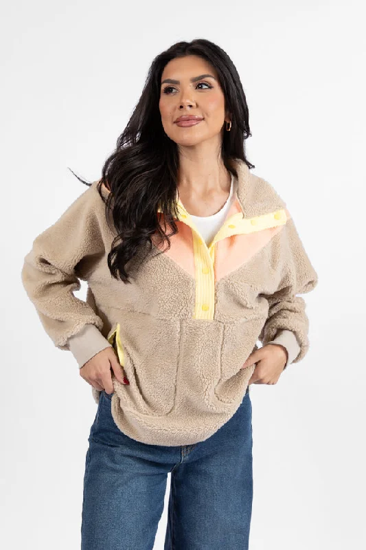 women's hooded sweatshirts with a high-low sleeve designGood Feelings Beige Multi Colorblock Sherpa Pullover FINAL SALE