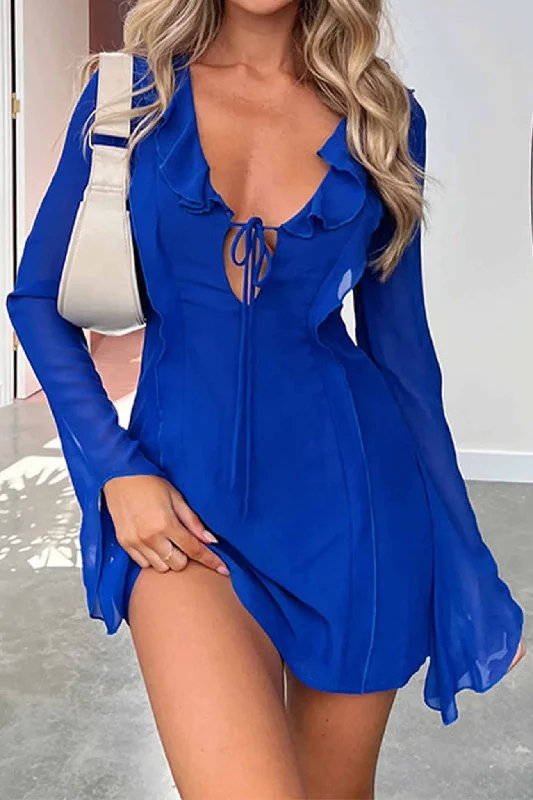 Tight-fitting dresses for womenTastyHottie - Ruffled Long Sleeved Lace Up Mini Dress