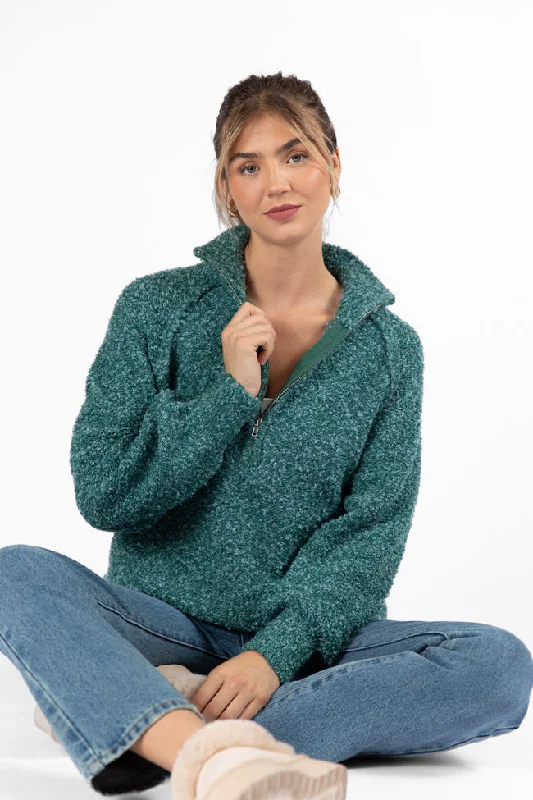 women's hooded sweatshirts with a full-length designSignature Move Green Fuzzy Quarter Zip Pullover