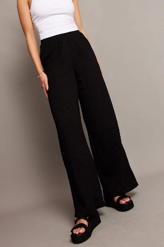 women's suit sets with tailored pantsBlack Wide Leg Pants High Rise Textured Fabric