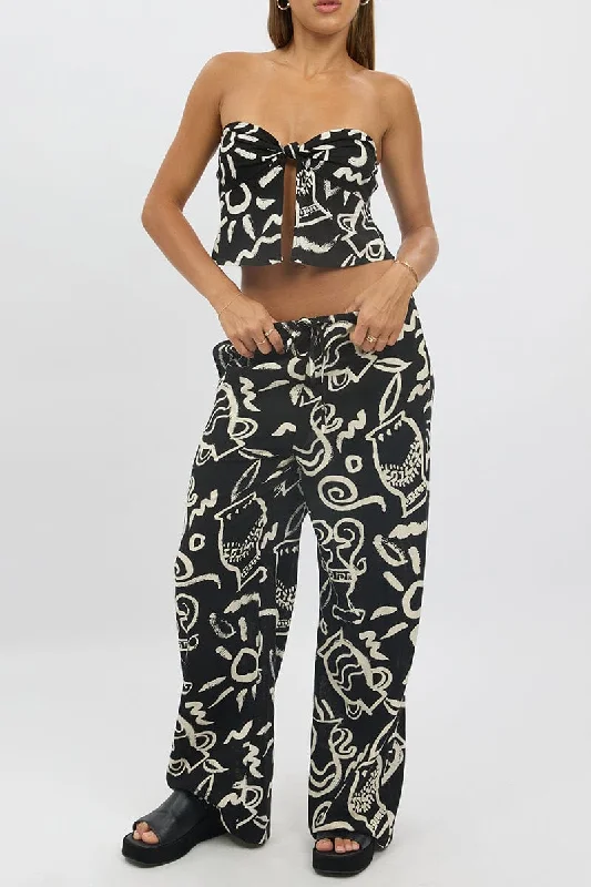 women's suit sets with handbagsBlack Abstract Wide Leg Pants High Rise