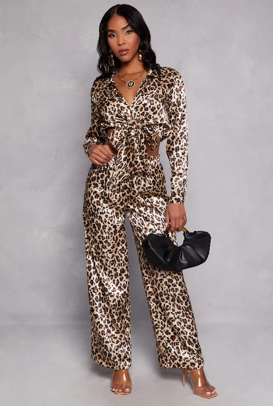 women's suit sets in patternsSatin Leopard Print Tie Front Top and Wide Leg Pants