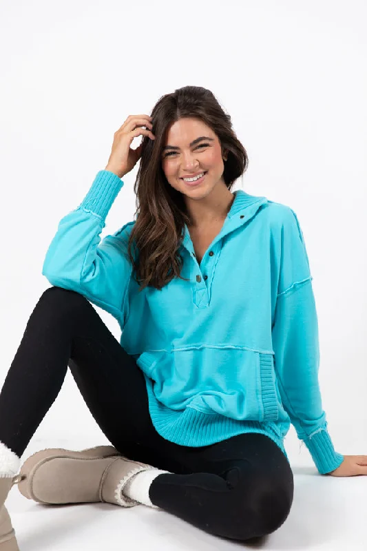 women's hooded tops for autumn and winterJust Go With It Blue Oversized Henley Pullover