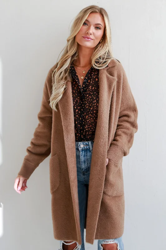 women's shearling coats for luxury warmthWintery Stroll Taupe Eyelash Knit Longline Coat