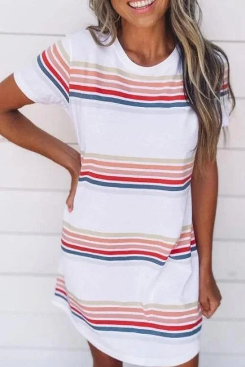 Lantern sleeve dresses for womenStripe O Neck Trendy Short Sleeve Mini Dress