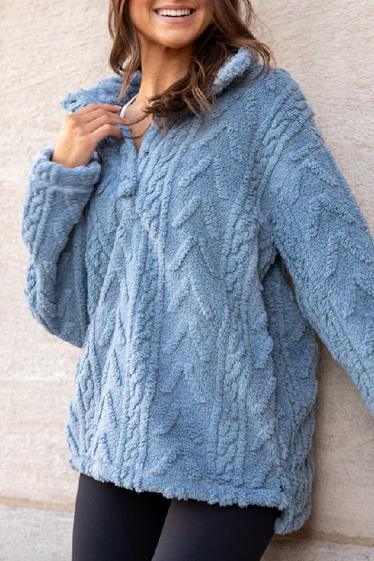 women's hooded pullovers with an oversized silhouetteTake The Leap Blue Cable Detail Sherpa Pullover FINAL SALE