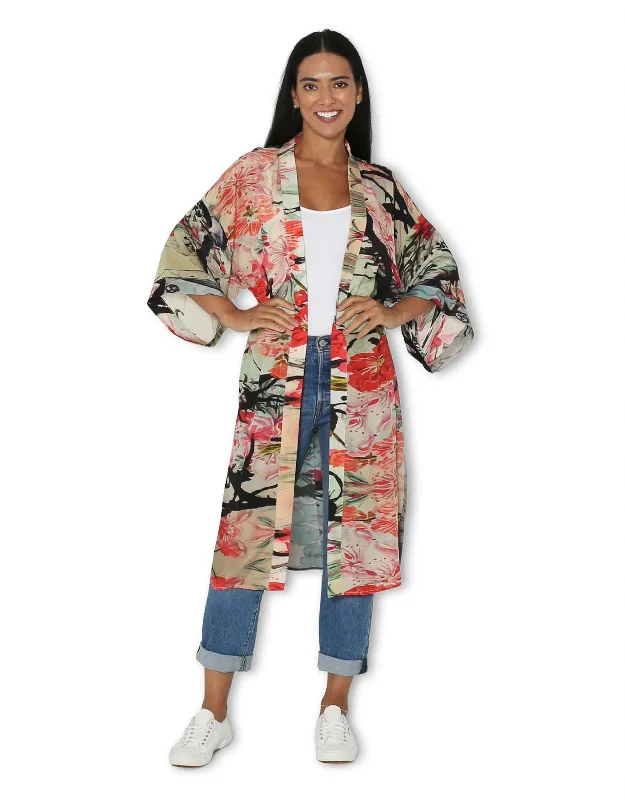 women's parkas with a waterproof exterior for rainy daysLong Kimono Cherry Tree