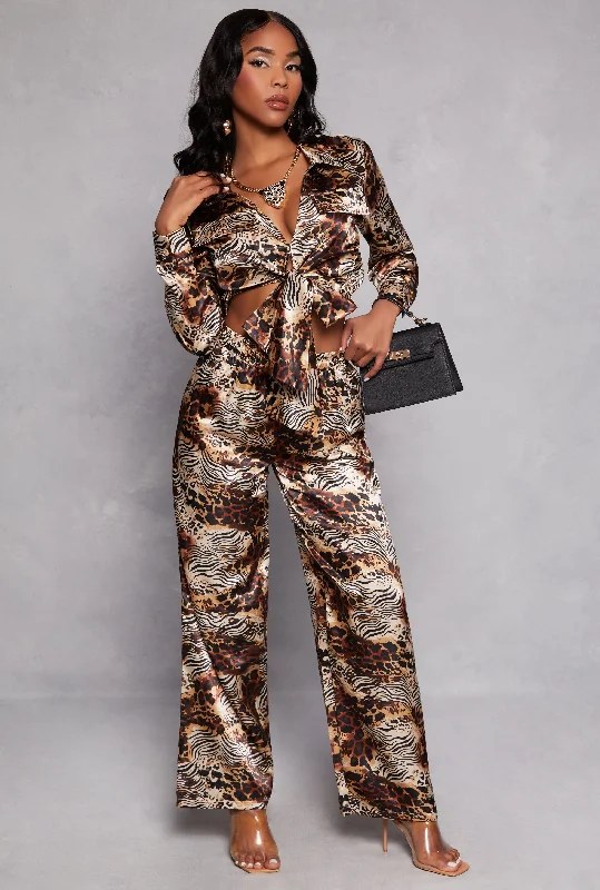 women's suit sets with satin liningsSatin Animal Print Crop Top and Pants Set