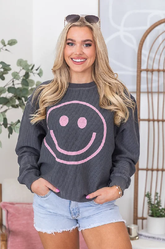 women's hooded jumpers with beaded detailingPink Smiley Charcoal Corded Graphic Sweatshirt FINAL SALE