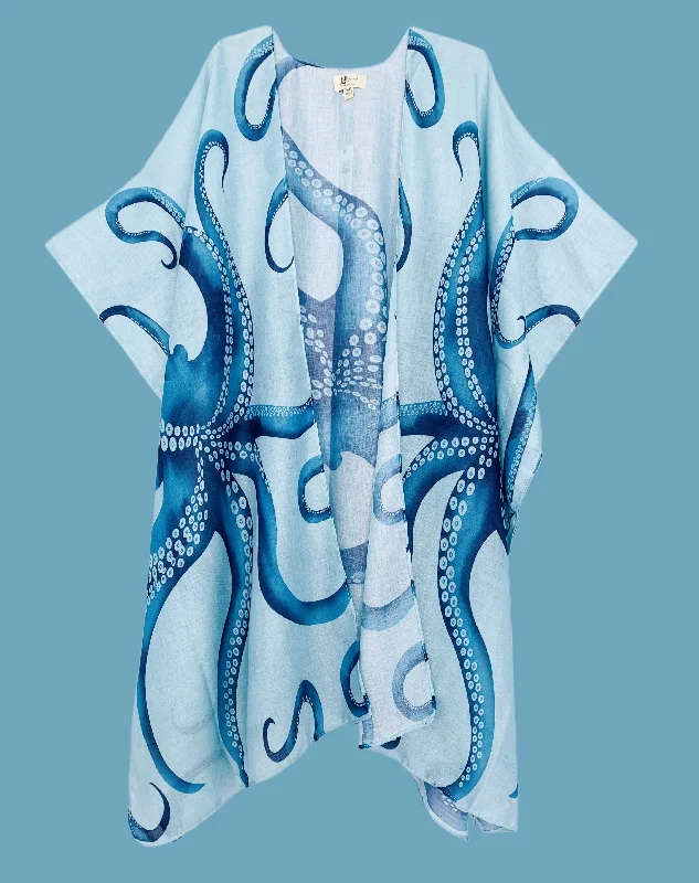 Oversized women's topsTeal-Blue Octopus Kimono 62798