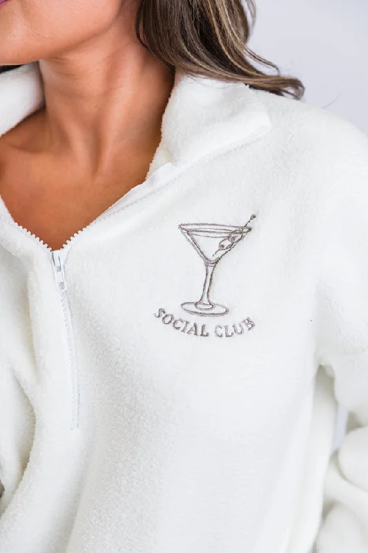 women's hooded sweatshirts with graphic printsAfter Hours Ivory and Taupe Social Club Martini Embroidered Fleece Pullover FINAL SALE