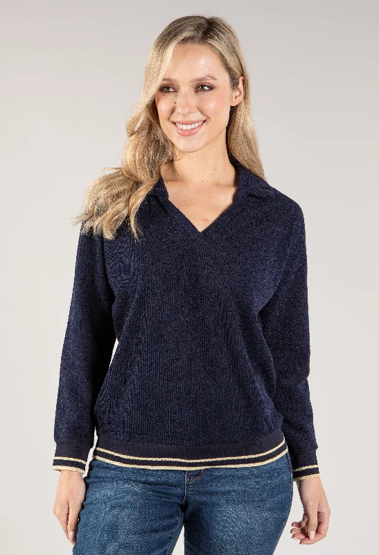 Chenille women's sweaterPolo Neckline Soft Knit Pullover