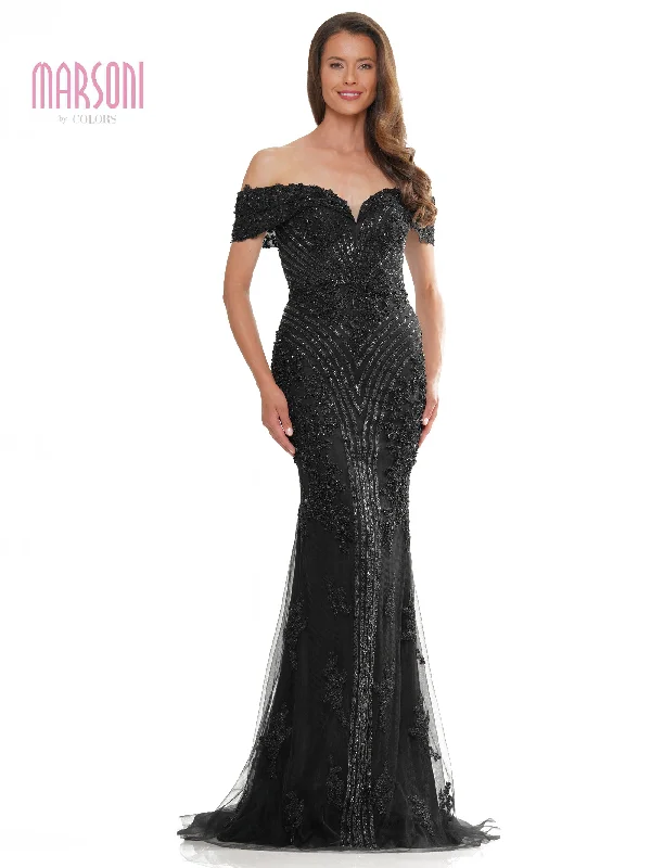 Midi dresses for womenMarsoni MV1275 Off Shoulder Metallic Embroidered Tulle Formal Dress