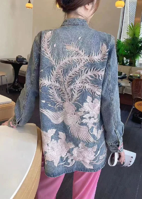 floral-print women's coats for springLoose Blue Embroidered Button Denim Coats Long Sleeve