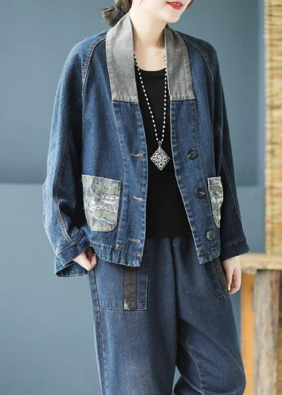 women's parkas with mesh lining for breathabilityCasual Blue Pockets Button Patchwork Print Fall Denim Long sleeve Coat