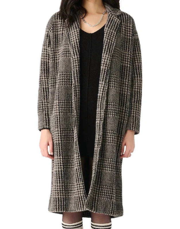 women's trench coats with adjustable cuffsLong Sleeve Soft Coat In Houndstooth Plaid